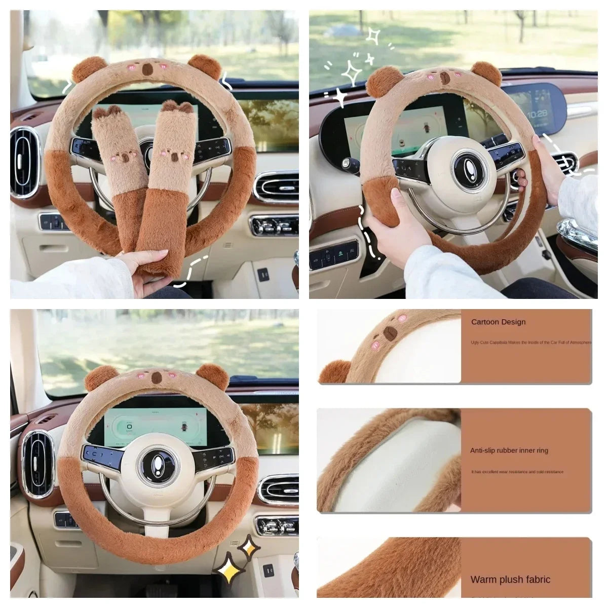 2025NEW Cute Cartoon Cute Plush Steering Wheel Cover Natural Rubber Healthy Breathable Universal 38cm Car Accessories