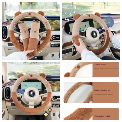 2025NEW Cute Cartoon Cute Plush Steering Wheel Cover Natural Rubber Healthy Breathable Universal 38cm Car Accessories