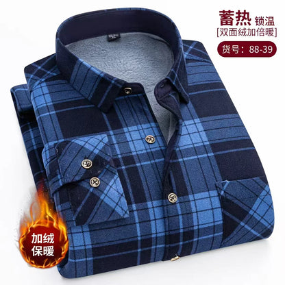 Thickened Flannel Men's Shirt Fashion Warm Plaid Winter Casual Square Collar plus Size Clothing Fleece Lined Double Sided Velvet