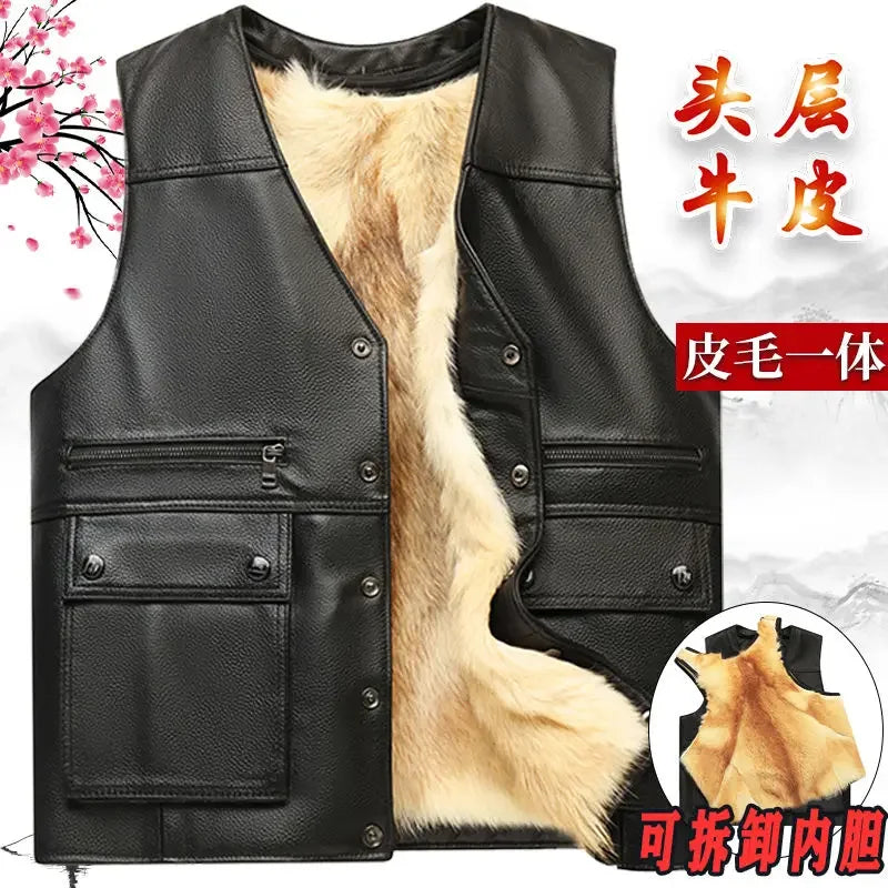 Winter fur Large piece of Genuine Leather Motorcycle Vest Mens Fit Real Cowhide Leather Waistcoat Bikers Vest sleeveless jacket