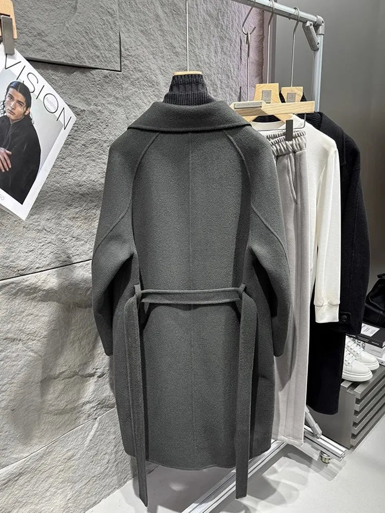 Business Men Winter Work Double Sided Woolen Detachable Knitted Collar Trench Coat Belt Double Breasted Wool Blends Windbreaker