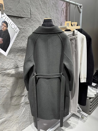 Business Men Winter Work Double Sided Woolen Detachable Knitted Collar Trench Coat Belt Double Breasted Wool Blends Windbreaker