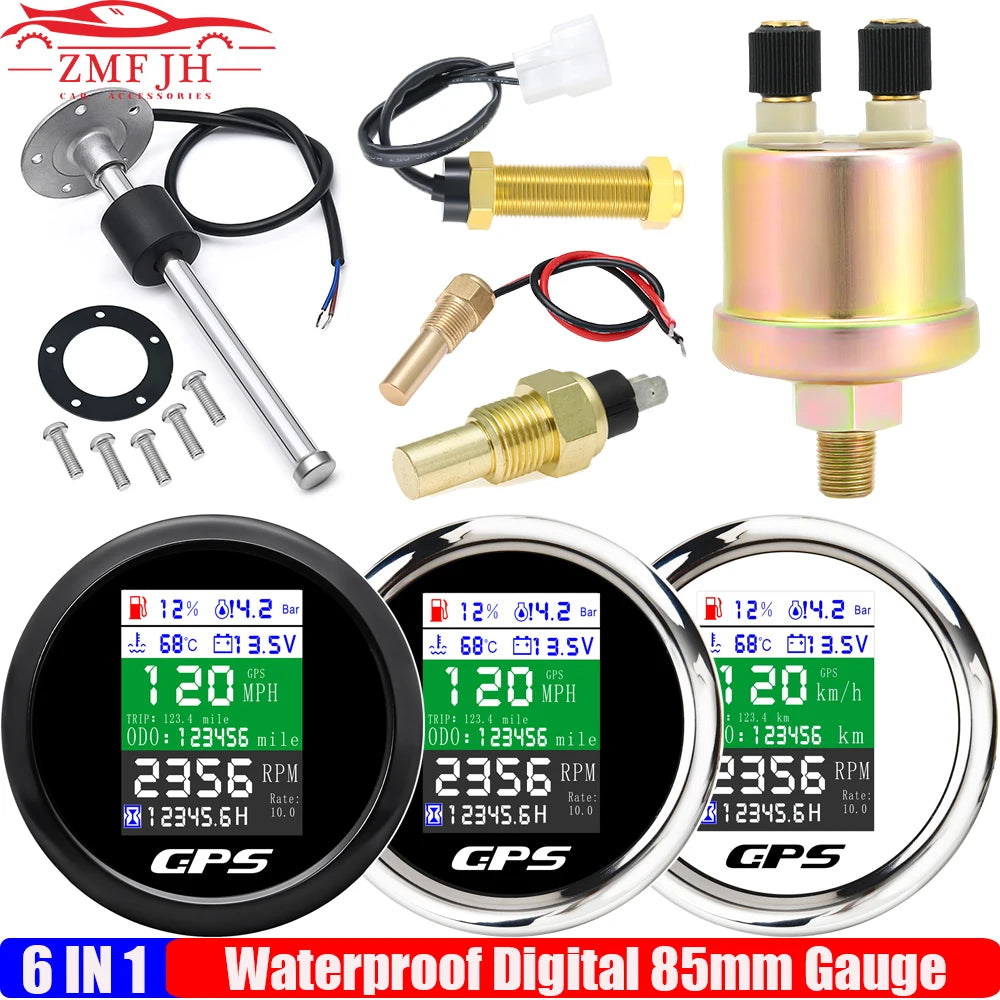 Custom 6 IN 1 Digital 85mm GPS Speedometer+Tachometer+Fuel Level Gauge+Water Temp+Oil Press+Voltage 0-190ohm Oil Level Sensor