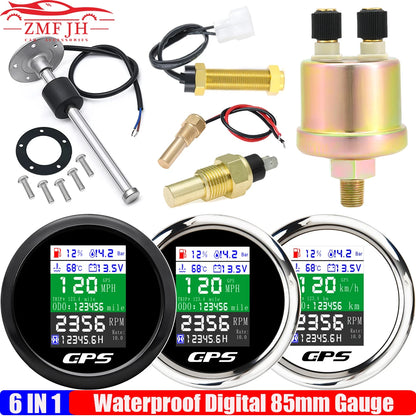 Custom 6 IN 1 Digital 85mm GPS Speedometer+Tachometer+Fuel Level Gauge+Water Temp+Oil Press+Voltage 0-190ohm Oil Level Sensor
