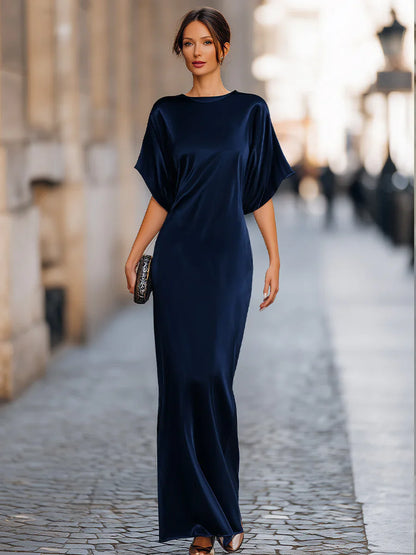 Women's Satin Maxi Dress Short Batwing Sleeve Elegant Evening Gown Flowy Party Dress Casual Formal Wear