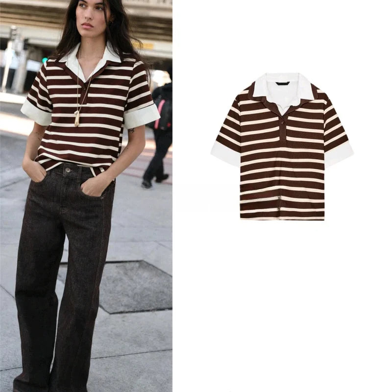 Spring New Women's Short Sleeve  Shirt Neck Splicing Stripe Pattern Casual Loose Fit Polyester Fiber Creative Design