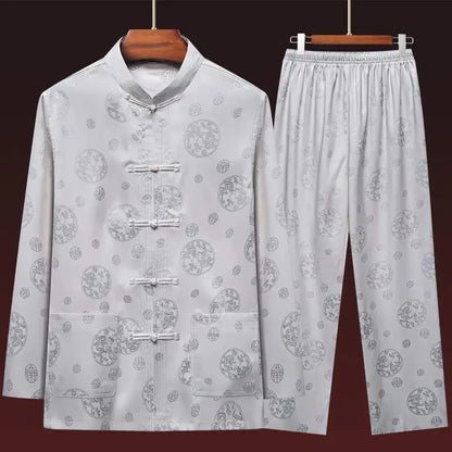 Men's Long Sleeve Ice Silk Tai Chi Suit Traditional Chinese Hanfu Vintage Style Tang Costume Elderly Fashion Dad's Clothing