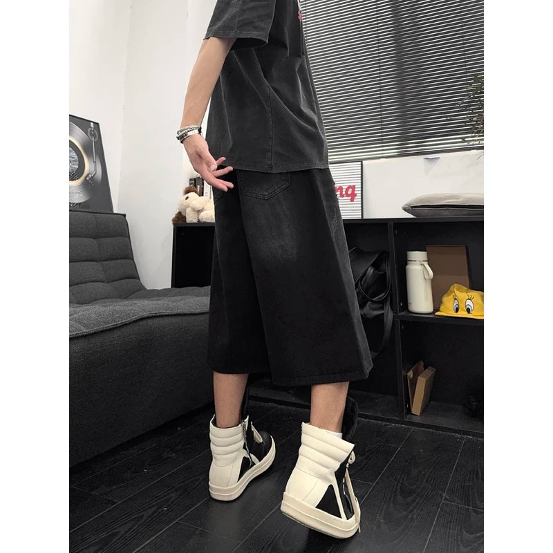 Unisex American Ins High Street Loose Straight Seven-Point Jeans Ripped Distressed Denim Shorts Summer Casual Streetwear