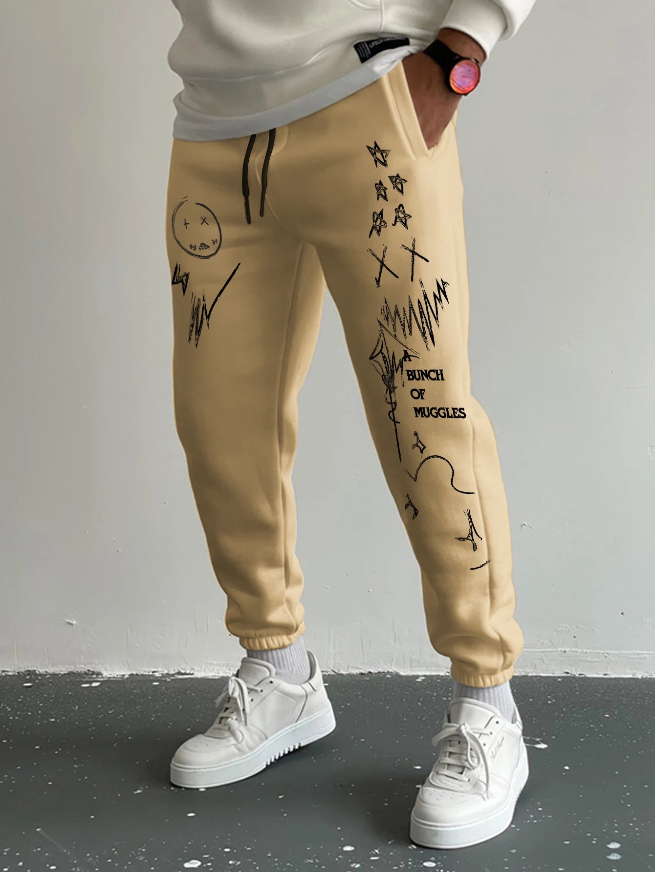 Men's Gothic Jagged Metal Font Cross Wing Las Vegas Print Sweatpants Elastic Waist Soft Dark Punk Street Hip Hop Joggers