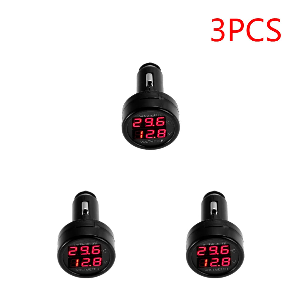2 IN 1 12V 24V Car Voltmeter Thermometer Cigarette Lighter Car Battery Monitor LED Digital Dual Display For Cars Trucks RVs Boat