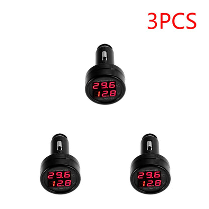 2 IN 1 12V 24V Car Voltmeter Thermometer Cigarette Lighter Car Battery Monitor LED Digital Dual Display For Cars Trucks RVs Boat