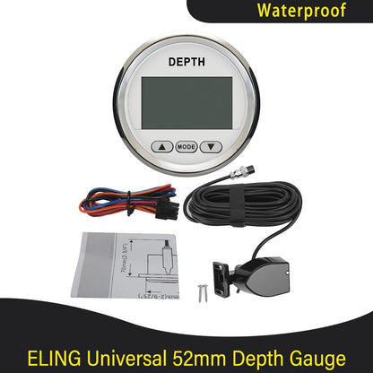 Marine 52mm Digital Depth Gauge Indicator with Transducer and White Backlight for Yachts Fishing Boats Universal 12V