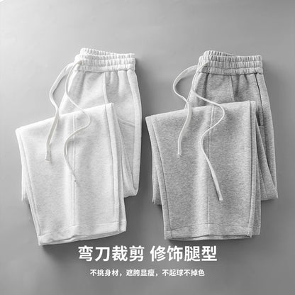 DUKEEN 400G Heavyweight Men's Curved Seam Sweatpants Spring and Autumn New Grey Straight-Leg Loose Fit Sports Long Pants