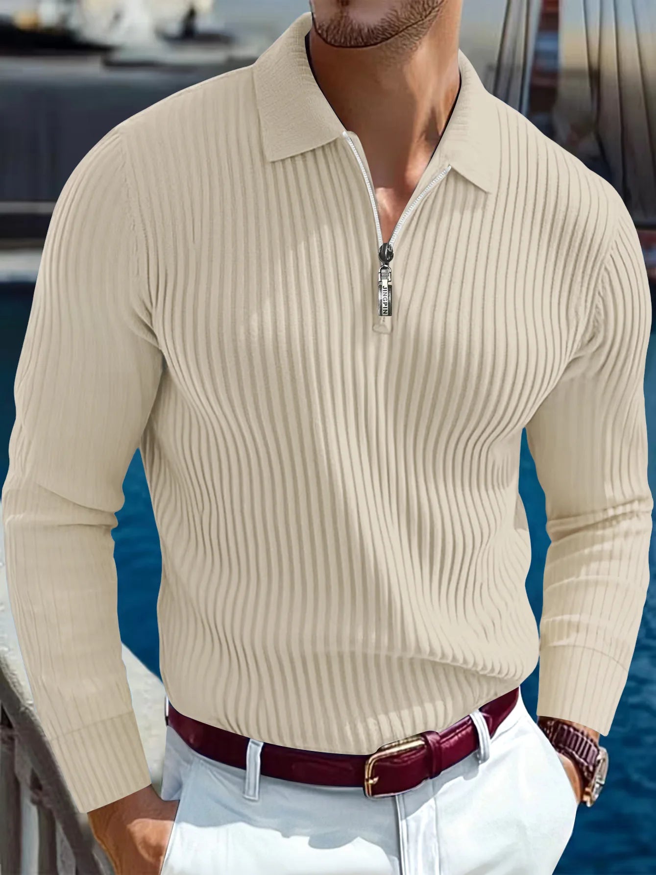 Slim‑Fit Long‑Sleeve Knit Collar Polo Shirt for Men, European & American Style, Business Design with Buttons & Zipper