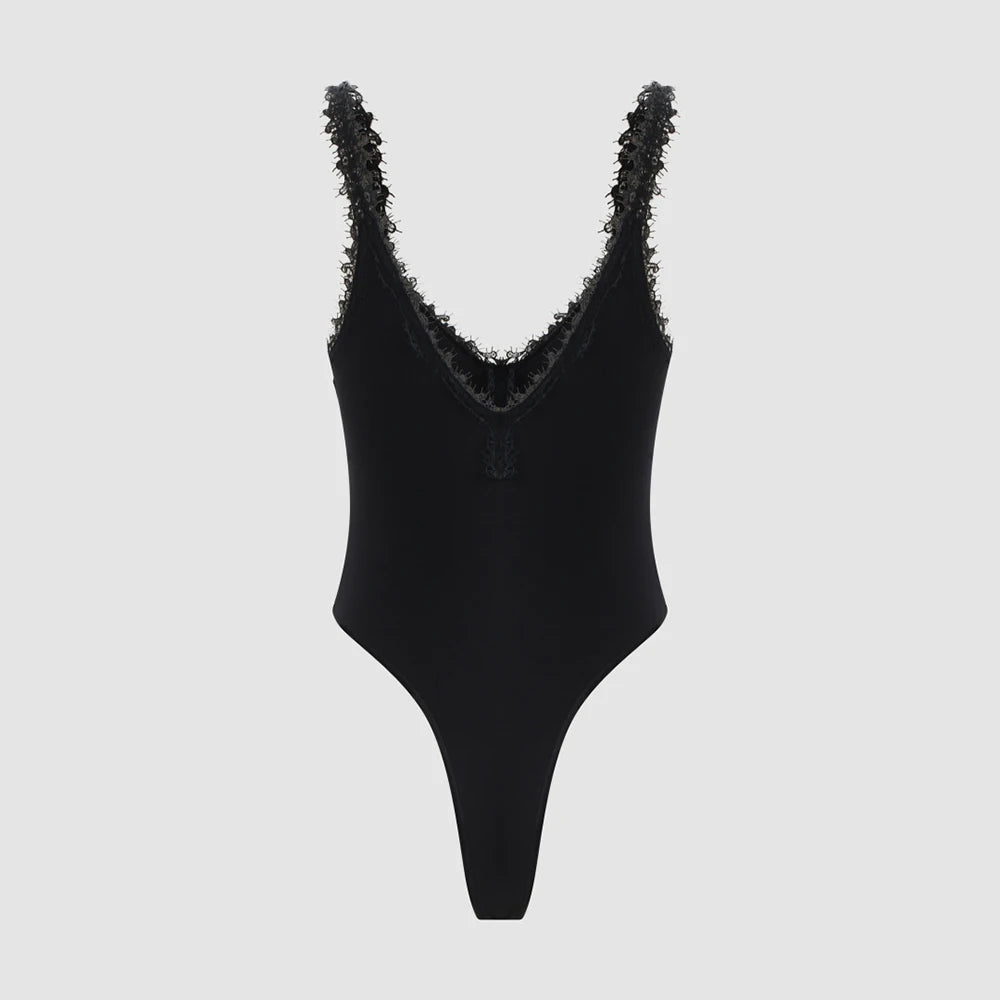 Women Black Lace Trim Bodysuit Elegant V-Neck Sleeveless Tank Top Slim Fit Sexy Bodycon Jumpsuit Basic Summer Bodysuits