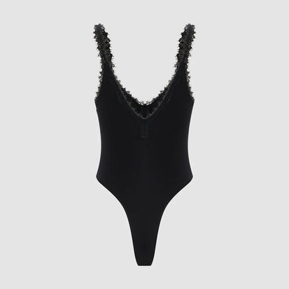 Women Black Lace Trim Bodysuit Elegant V-Neck Sleeveless Tank Top Slim Fit Sexy Bodycon Jumpsuit Basic Summer Bodysuits