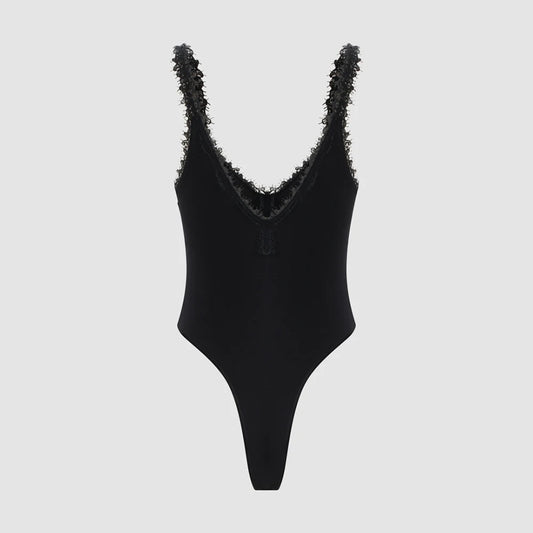 Women Black Lace Trim Bodysuit Elegant V-Neck Sleeveless Tank Top Slim Fit Sexy Bodycon Jumpsuit Basic Summer Bodysuits
