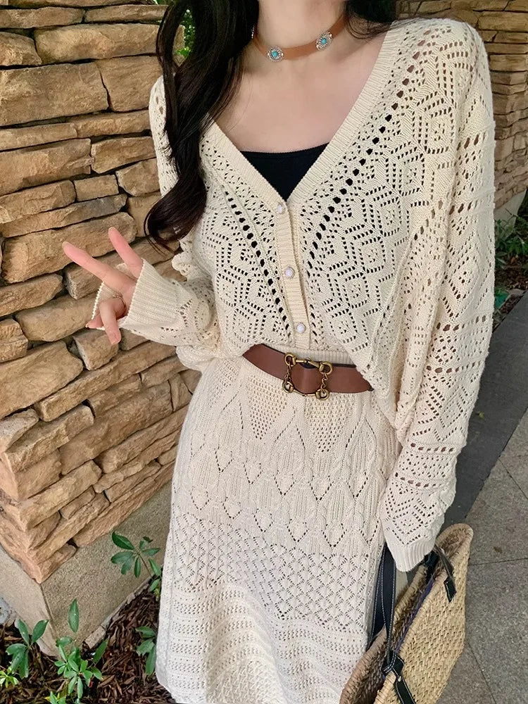 Kumikumi Lazy Style Hollow out Knitted Cardigan Jacket Women's High Waist  Skirt Fashion Set Spring 2025 Acrylic Fabric