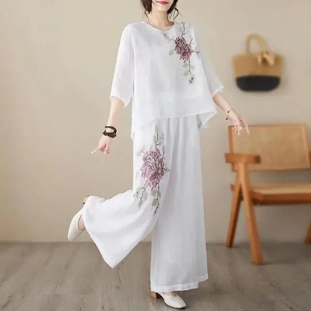 plus Size Women's Retro Cotton Linen Set Wide Leg Pants Slimming Mom Two Piece Suit Spring Fashion Korean Style Commute Wear