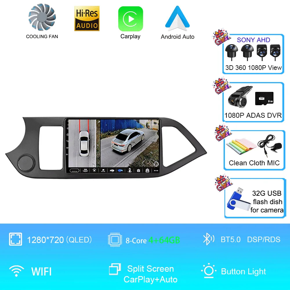 Android 16 For KIA PICANTO Morning 2011 2012 2013 2014 2015 2016 Carplay Auto Multimedia Car Radio Navigation Player WIFI+4G DSP