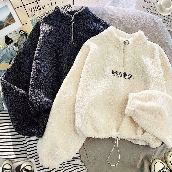 Lamb Velvet Fleece Lined Thickened Short Half High Collar Sweatshirt Women's Loose Korean Style Autumn Winter Zipper Top Tren...