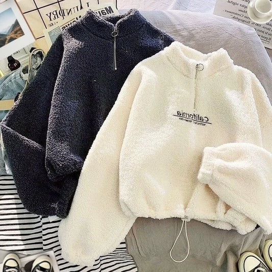 Lamb Velvet Fleece Lined Thickened Short Half High Collar Sweatshirt Women's Loose Korean Style Autumn Winter Zipper Top Tren...