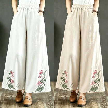 High-End Retro Embroidered Cotton Linen Wide Leg Pants Women Summer Lightweight Breathable High Waist Slimming Casual Travel