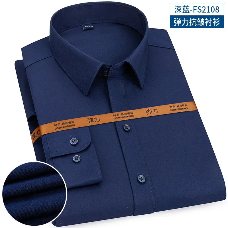 New Men's Shirt Long Sleeve Tooling Elastic Business Slim-fit Non-ironing Long Sleeve High-end Solid Color Men's Casual Shirts