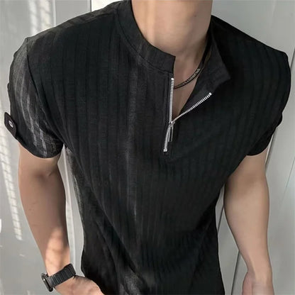 Summer Cleanfit Half-Zip Knit Striped T-Shirts For Men 2026 Solid Color Basis Gym Clothing Man Retro Street Y2K Casual Tee Tops