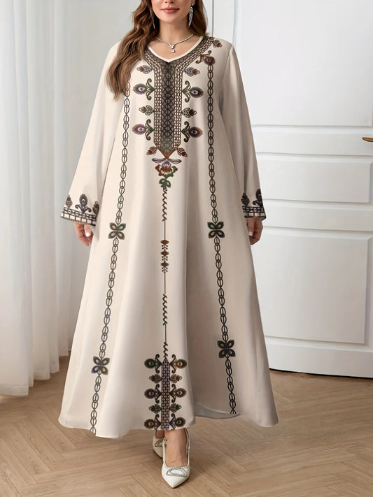 Middle Eastern Elegant Robe, New Spring and Autumn Style, Plus-Size Fashion Women's Clothing, Ethnic Print, Stylish, Loose and Comfortable, Holiday Style Long-Sleeve Dress