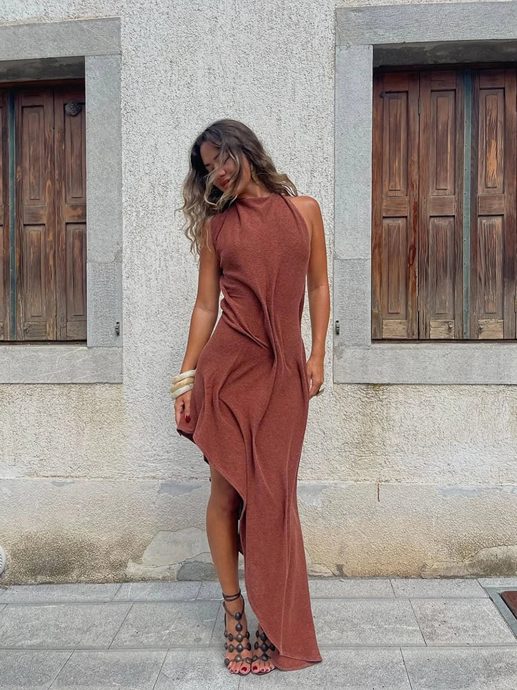 Female Chic Irregular Ruffled Crop Maxi Party Gown 2026 Elegant Luxury Diagonal Hem Dresses Casual Sleeveless Slim Fit Vistidos