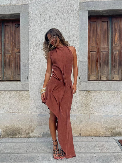 Female Chic Irregular Ruffled Crop Maxi Party Gown 2026 Elegant Luxury Diagonal Hem Dresses Casual Sleeveless Slim Fit Vistidos