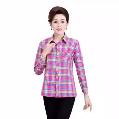 Loose Long Sleeve Mom Shirt Women's New Style Slimming Age-Defying Outerwear Versatile Early Autumn Plaid Outfit  Collar