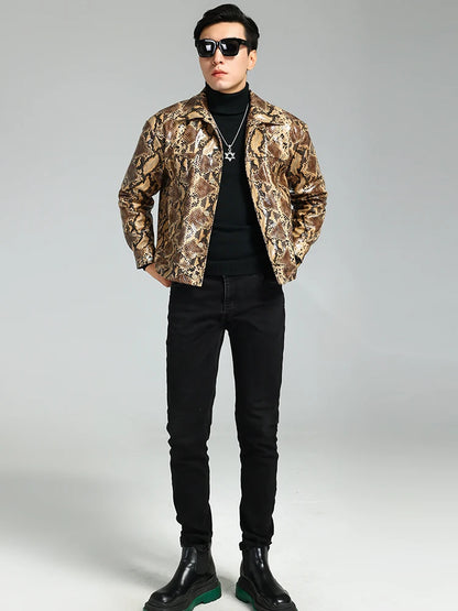 Nerazzurri Autumn Short Handsome Cool Colorful Snakeskin Print Pu Leather Jacket Men Luxury European Style Clothes 2023 EU Size