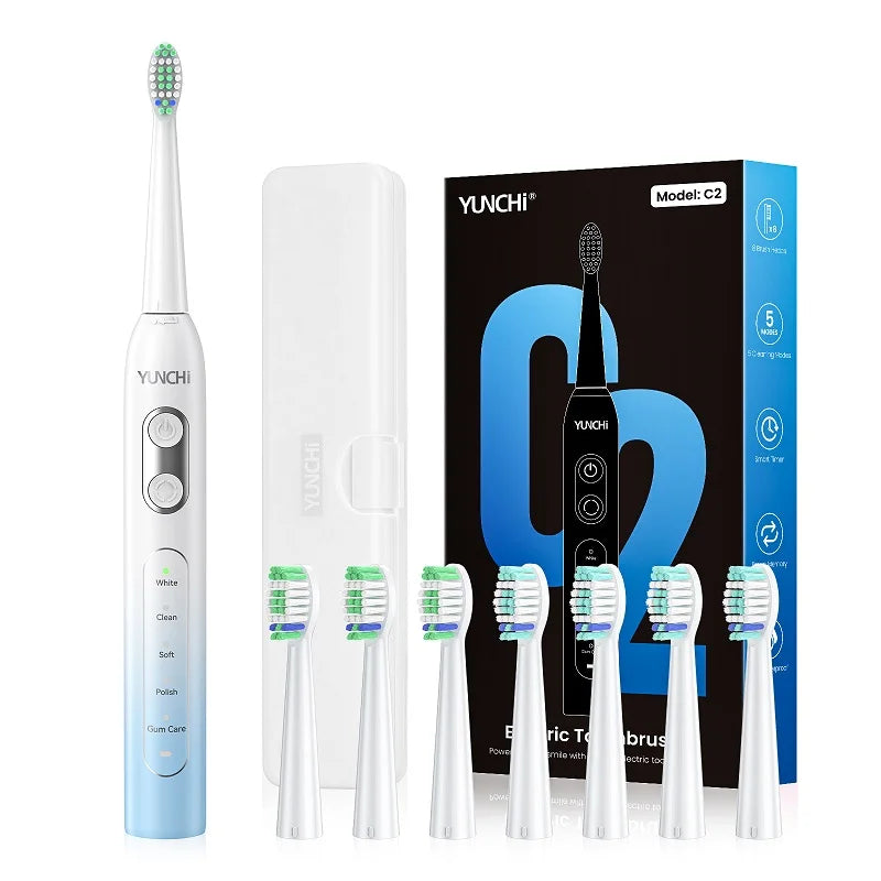 YUNCHI ultrasonic electric toothbrush with 5 operation modes and 40000 high-frequency vibrations.USB charging, waterproof