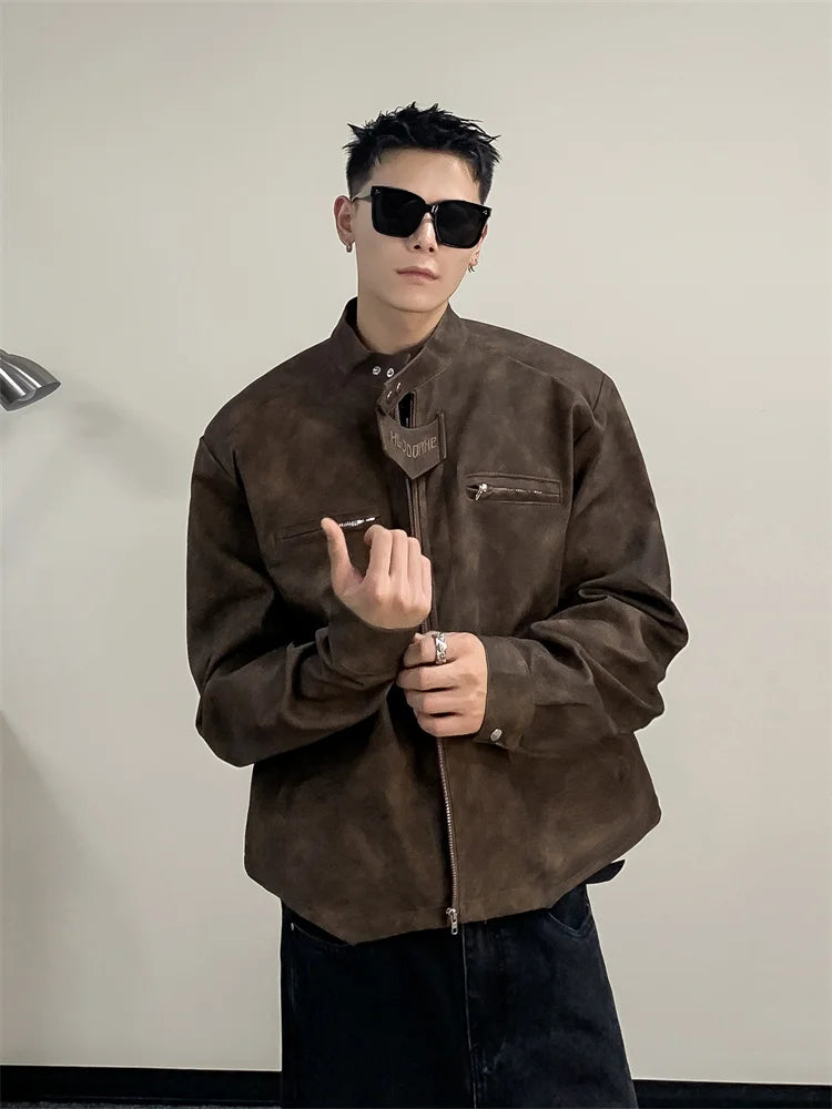 American Retro Street Motorcycle Leather Jacket Men's Trendy Brand Handsome Small Shoulder Pad Stand Collar Marrow Jacket Coat