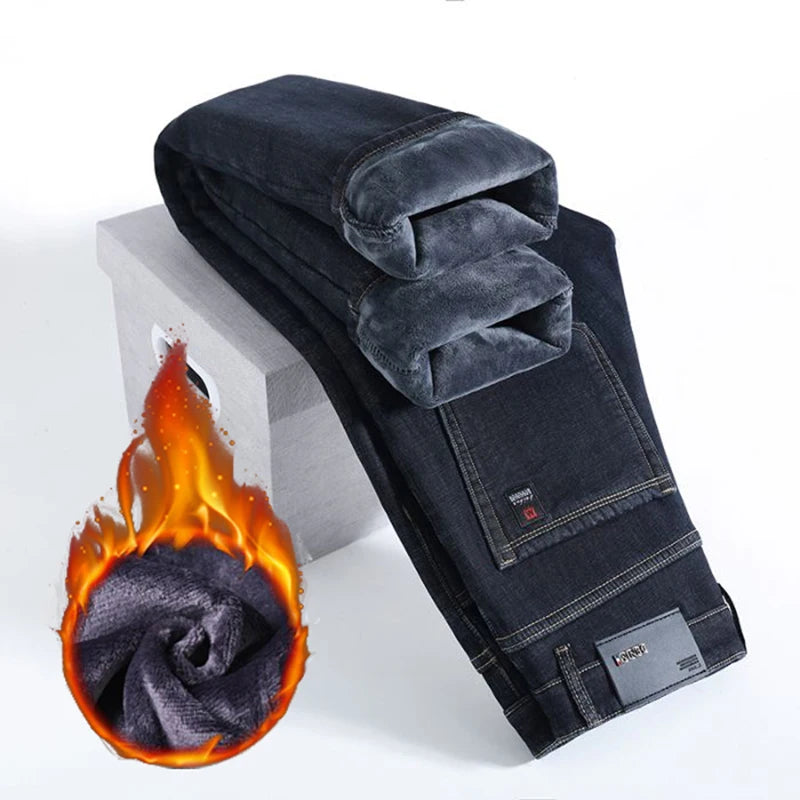 Men Autumn Winter Fleece Lined Thickened Jeans Male Warm Fashion Loose Straight Denim Pants High-Waisted Casual Trousers