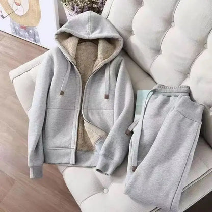 Thickened Fleece Hooded Long Sleeve Sports Casual Set Women Winter Style Cleanfit Short Jacket Trendy Sports Pants