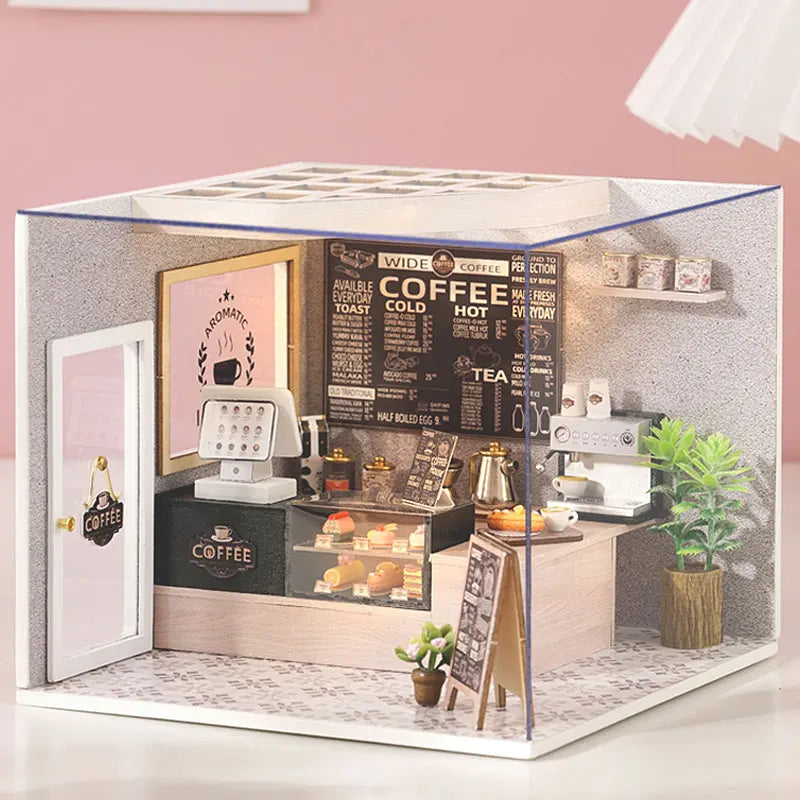 DIY Wooden Miniature DollHouse Leisurely Coffee Shop Dollhouses Scene Model  Doll House Assembly Model Toys For Xmas Gifts