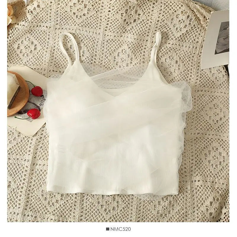 Sexy Mesh Splice Crop Top Backless Design Pure Color Strap Vest for Women Trendy Slimming Short Style Summer Fashion