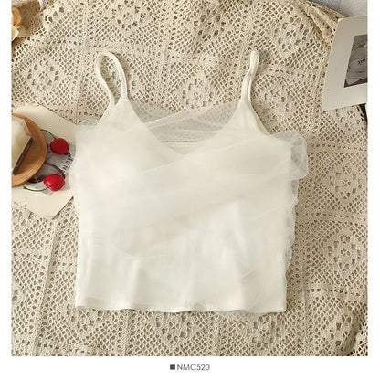Sexy Mesh Splice Crop Top Backless Design Pure Color Strap Vest for Women Trendy Slimming Short Style Summer Fashion