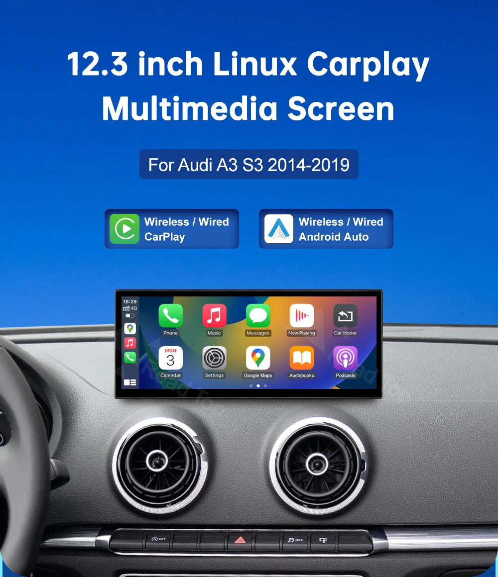 CN Road Top 12.3 Inch Touch Display For Audi A3 S3 2014-2019 Multimedia Player Andriod Auto Link GPS Carplay Screen Car Play
