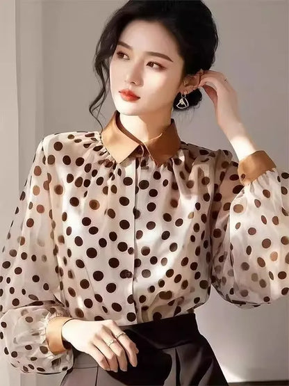 2025 Summer New Loose Polka Dot Women's Shirt Design Sunscreen Chiffon Blouse Elegant Commute Style Long Sleeve  Collar