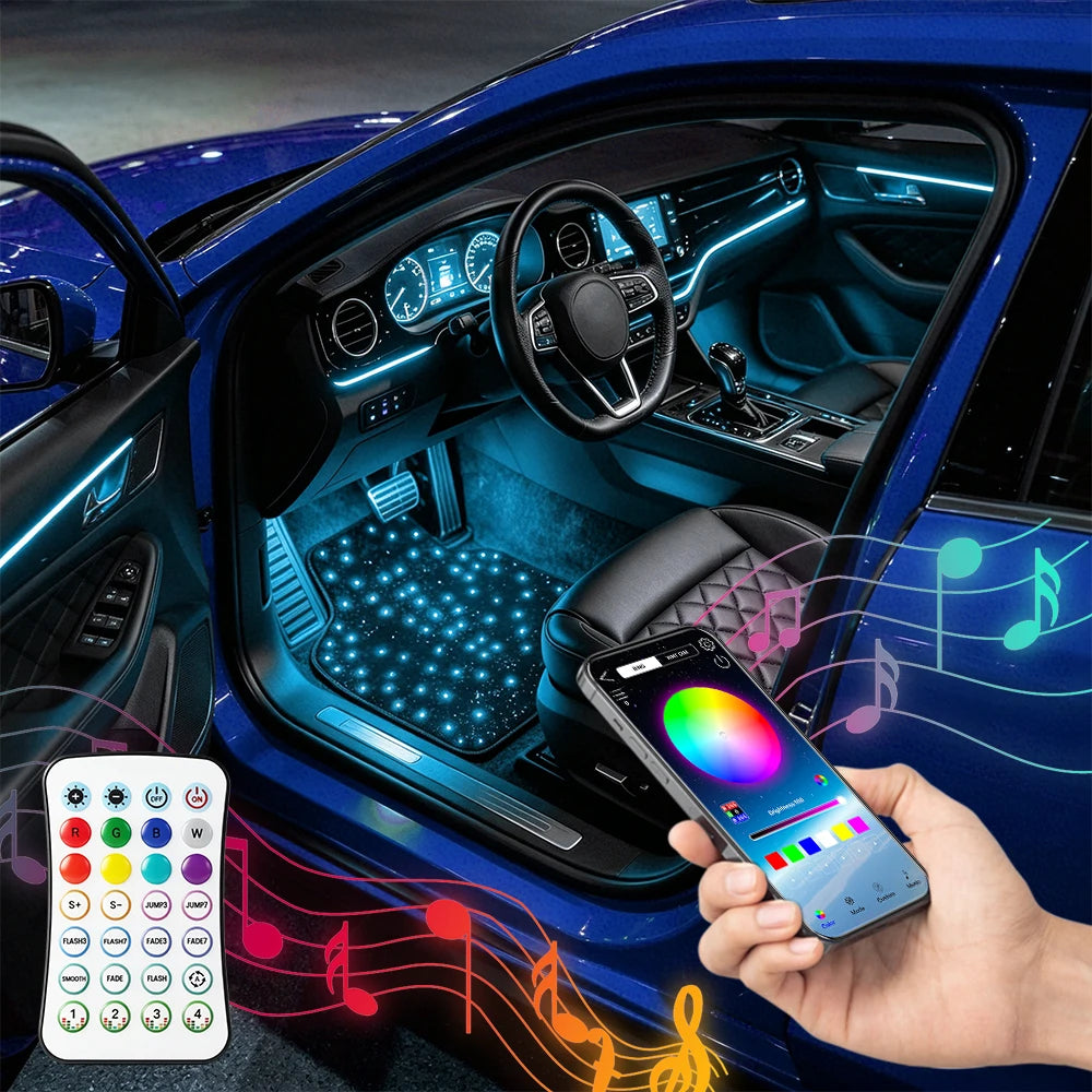 4pcs Starlight LED Car Floor Mats, App Control Washable Fiber Optic Lights Universal Automotive Decoration Atmosphere Light