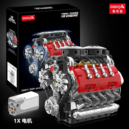 V8 Motorized Engine Building Block Assembly Model, Simulated Mechanical Craft Ornament, Creative Desktop Collectible Present