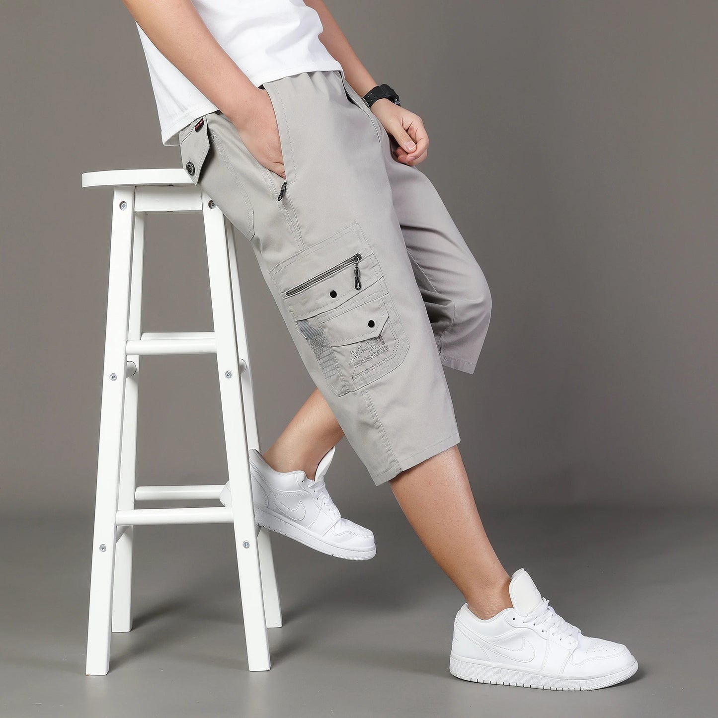 Summer Zipper Pocket Workwear Shorts Mens Knee Cargo Pants 2026 Cotton Shorts Men Climbing Jogger Elastic Waist Sports Work Wear