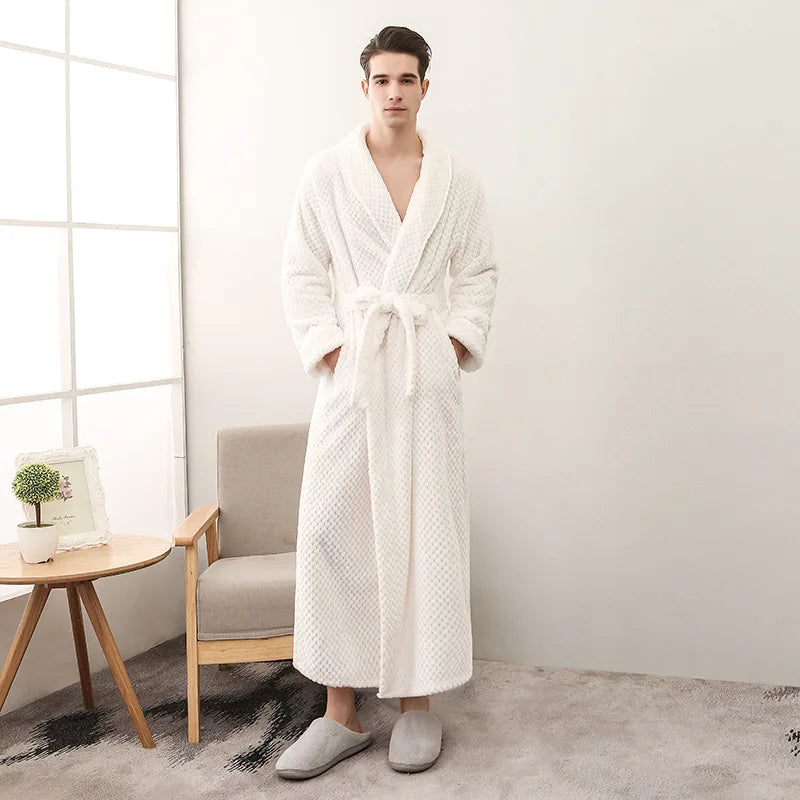2026 Thickened Sherpa Couple Robe Long White Winter Sleepwear Belted Bathrobe