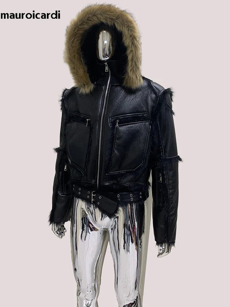 Mauroicardi Winter Cool Short Black Thickened Warm Hairy Soft Faux Sheepskin Coat with Hood Zipper Long Sleeve Fluffy Jacket