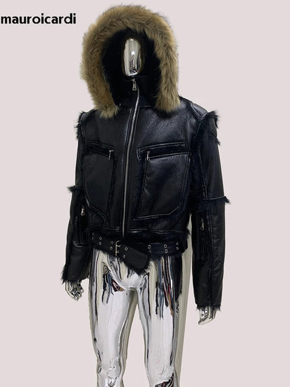 Mauroicardi Winter Cool Short Black Thickened Warm Hairy Soft Faux Sheepskin Coat with Hood Zipper Long Sleeve Fluffy Jacket
