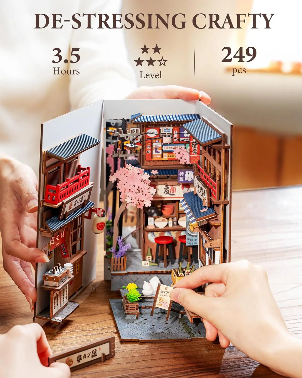 Robotime Sakura Wine Alley DIY Booknook with Lights DIY Miniature Dolls House Kit 3D Wooden Puzzle Bookend Bookshelf Decor Gift